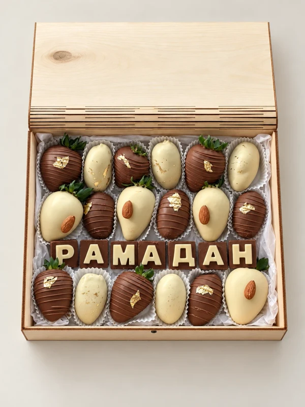 Клубнично-финиковый бокс «Рамадан» — «Клубнично-финиковый бокс Рамадан» — праздничный десертный набор Dolce Sweets из 4 ягод клубники в белом…